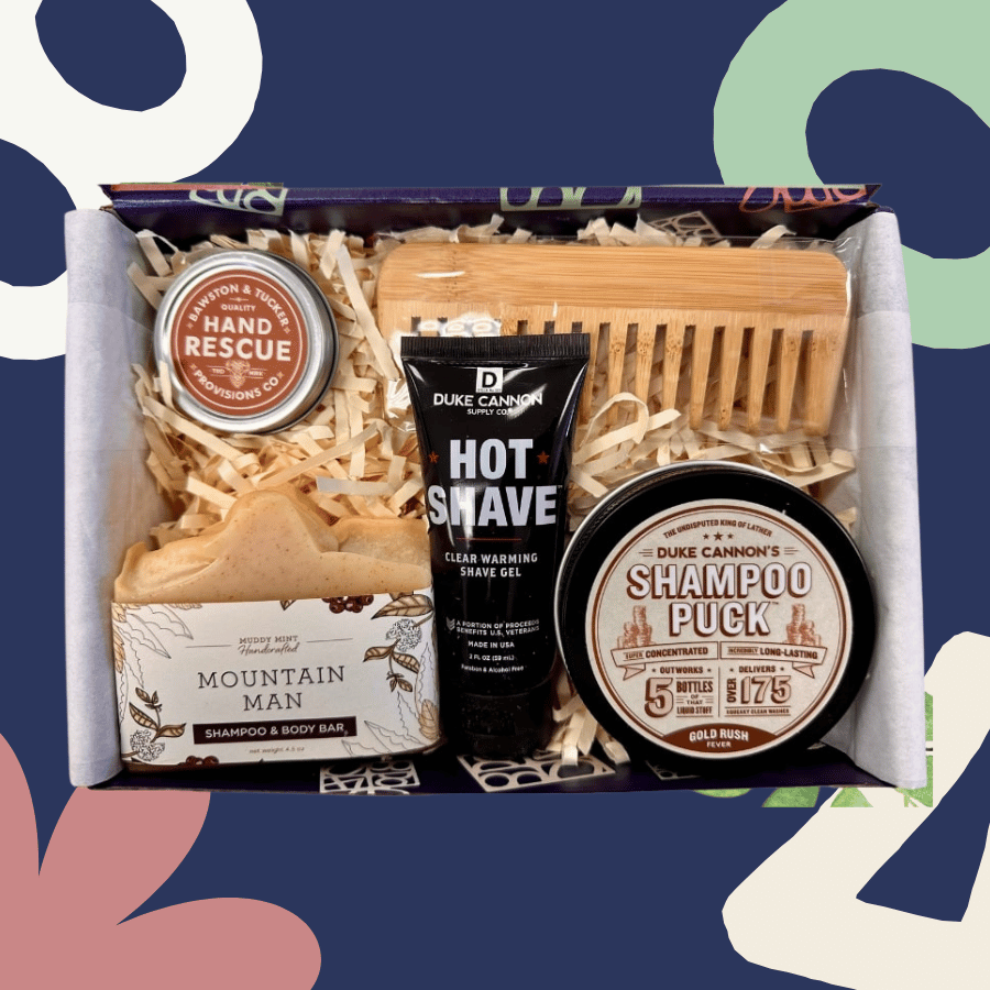 Grooming kit with Duke Cannon products on a colorful abstract background