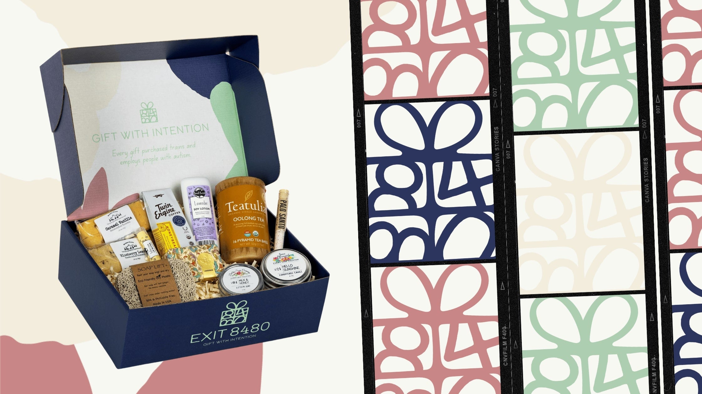 Gift box with products and a patterned design on the right