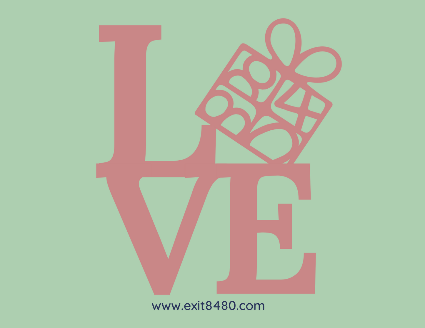 A greeting card with the word 'LOVE' in large letters, followed by a heart symbol, on a green background. The card has a watermark 'Exit 8480.