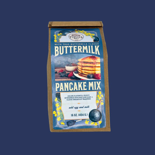 Bag of buttermilk pancake mix with a blue background