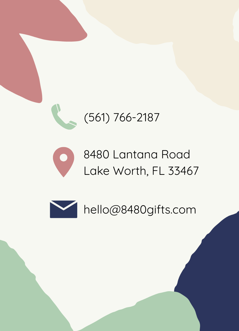 Contact information with phone number, address, and email on a colorful abstract background