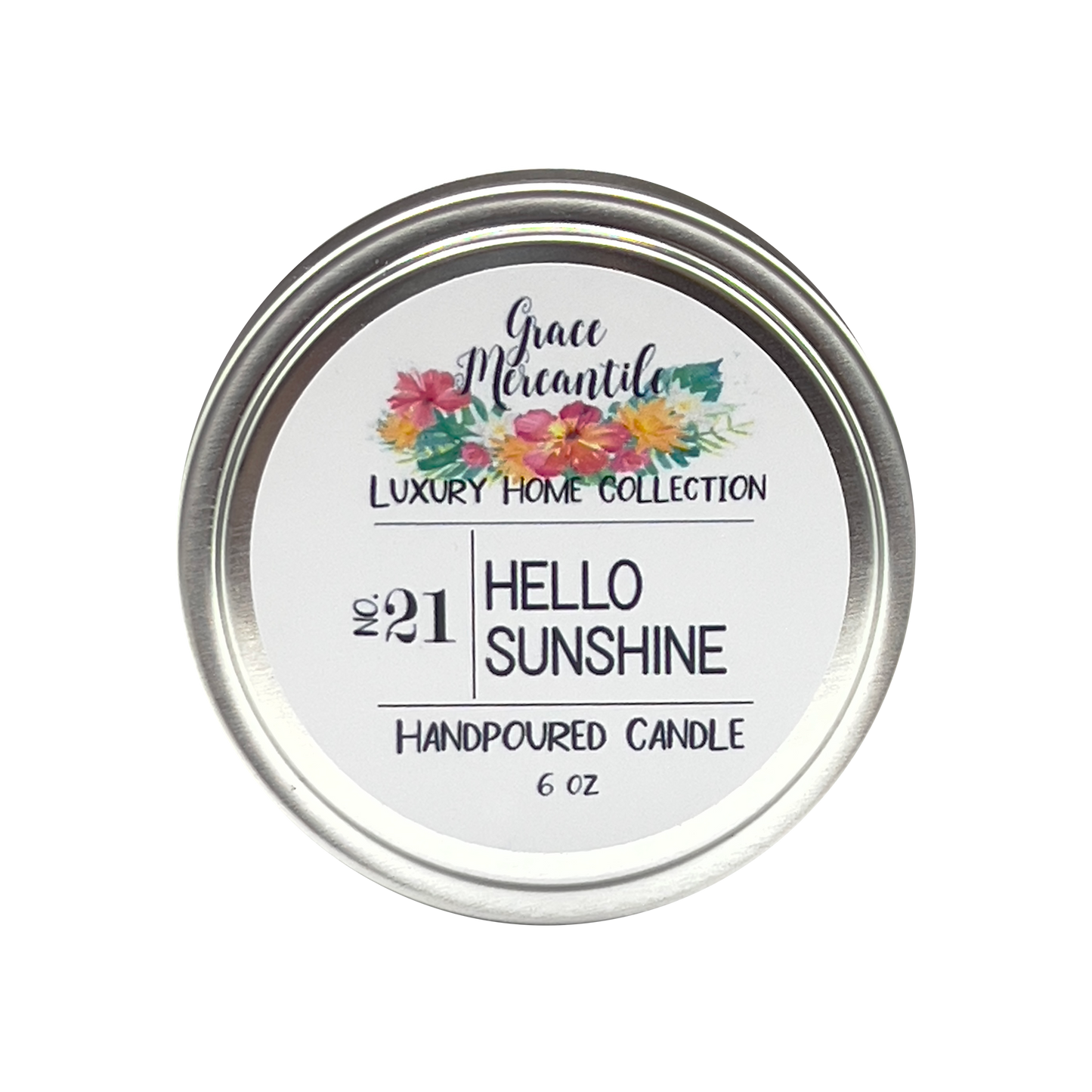 handpoured candle, hello sunshine scent labeled on the circular can; shown from top face