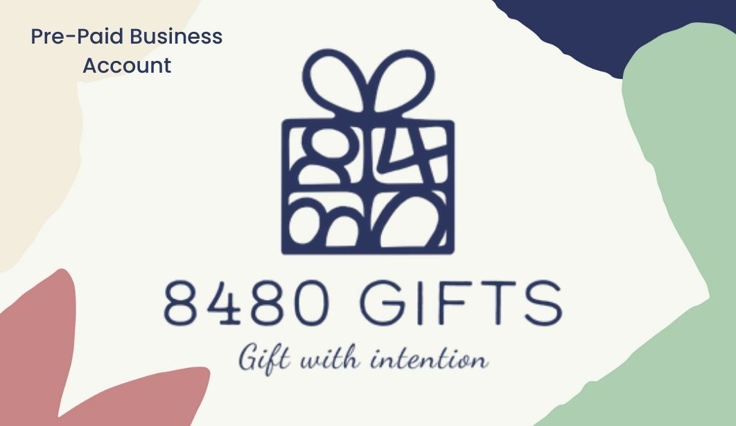 8480 Gifts logo with gift icon and text 'Gift with intention' on a colorful background