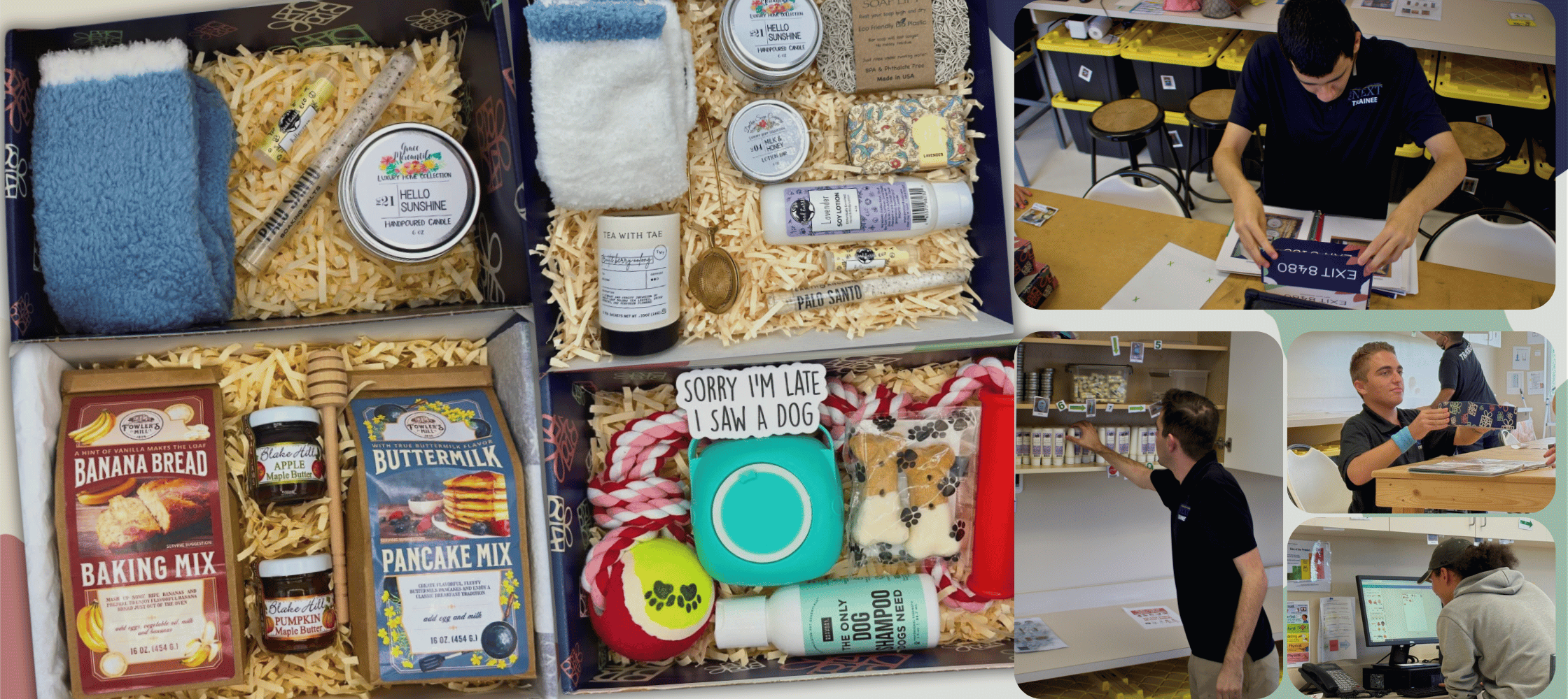 Collage of a gift box with snacks and a few young adults with autism packaging, stocking, and creating graphics