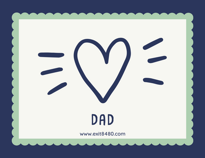 A greeting card with a blue background, featuring a large heart in the center, smaller hearts around it, and the word 'DAD' at the bottom. There is a website address 'exit8480.