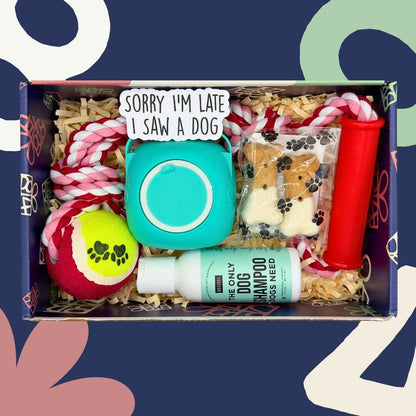 Downward Dog Gift Box featuring Dog Toy, Dog Treat, Dog Shampoo, Scrubber, and more.