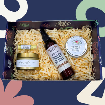 Harvest Moon Spa Gift Set featuring Fireside Natural Soy Wax Candle (4oz), 101 West Room Spray in Clean Cotton (4 fl. oz), Dallas Soap Company Milk & Honey Lotion Bar, Buttercream Lip Butter.