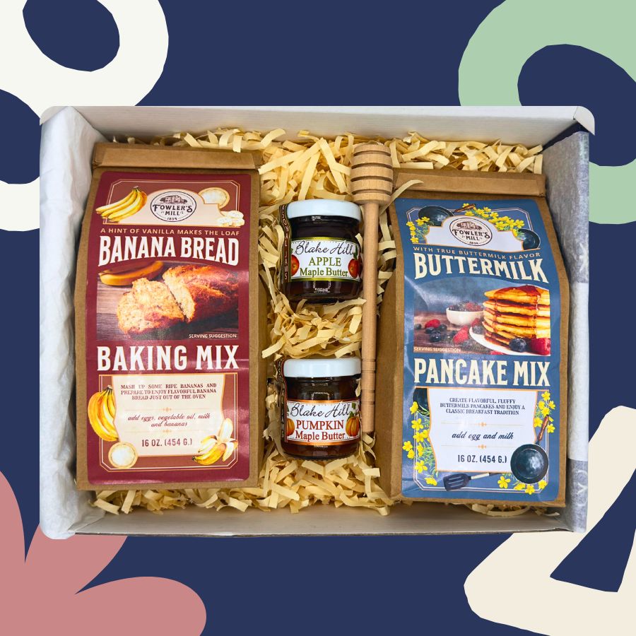 Maple Morning Gift Box featuring Buttermilk Pancake Mix, Banana Bread Mix, Apple Maple Mini Preserves, Pumpkin Maple Mini Preserves, and more.