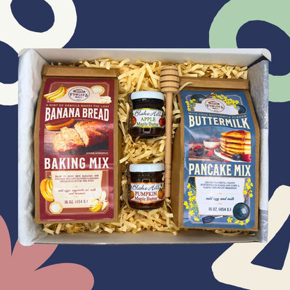 Maple Morning Gift Box featuring Buttermilk Pancake Mix, Banana Bread Mix, Apple Maple Mini Preserves, Pumpkin Maple Mini Preserves, and more.