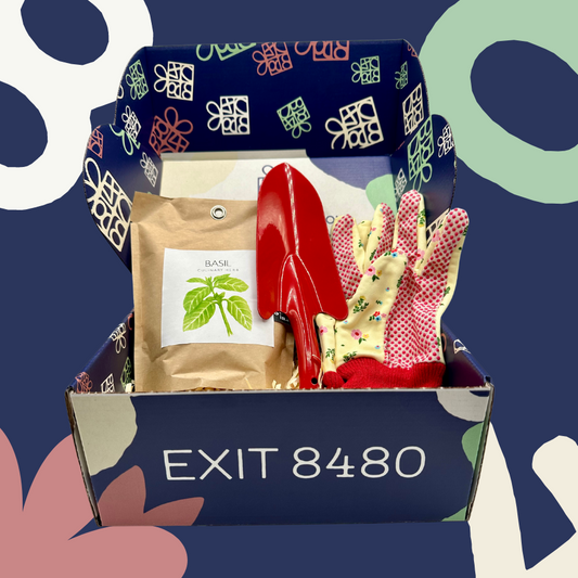 A gift box with a blue theme, containing basil seeds, a red shovel, and a pair of multicolored gardening gloves, labeled on the box with 'Exit 8480'.