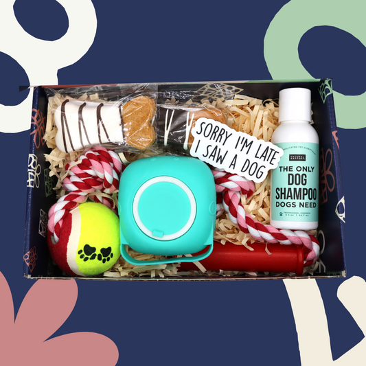 A gift box containing dog toys, peanut butter treats, dog shampoo, a scrubber, and a sticker with a dog-themed design.