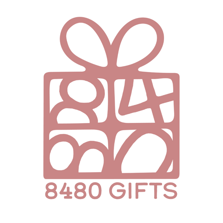 Logo of 8480 Gifts with a pink present-shaped design on a light pink background