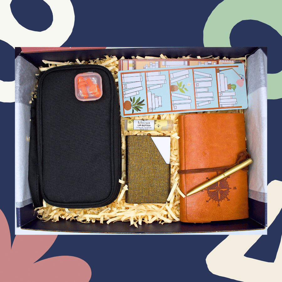 The Thoughtful Traveler Gift Box featuring Pocket Journal, Small Pen, Tech Gear Bag, Bookmarks, and more.