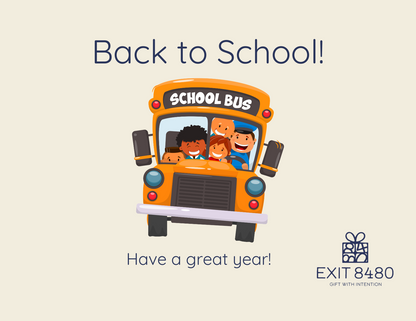 A greeting card with an illustration of a school bus and children on it, with the text 'BACK TO SCHOOL!' and 'HAVE A GREAT YEAR!'.