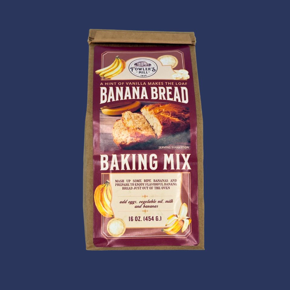 Bag of Fowlers Mill Banana Bread Baking Mix on a blue background