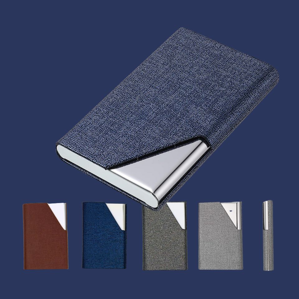 Set of metallic card holders in various colors on a blue background