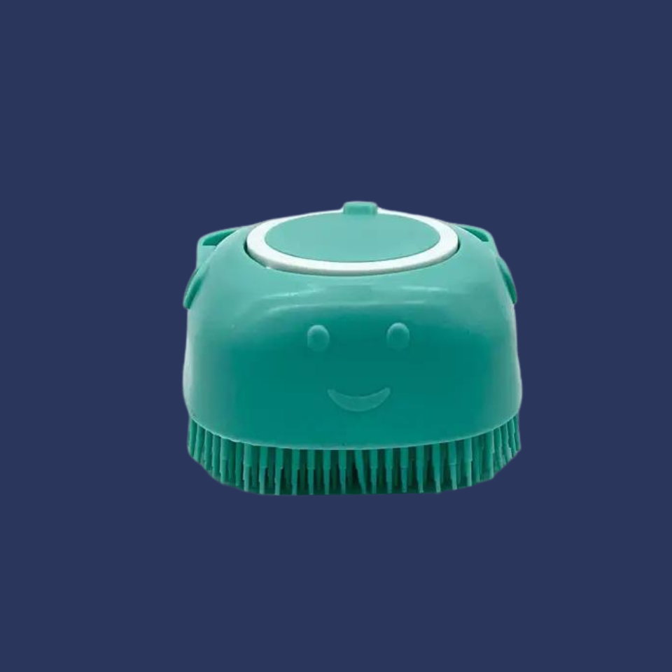 A green and white pet-bath scrubber with a smiling face on the top, designed for pets.