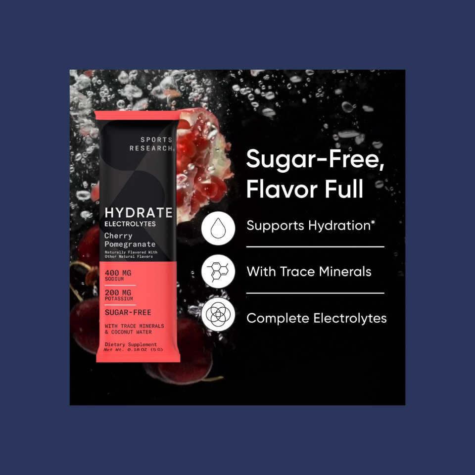 electrolytes sugar-free packet placed centrally on a navy background