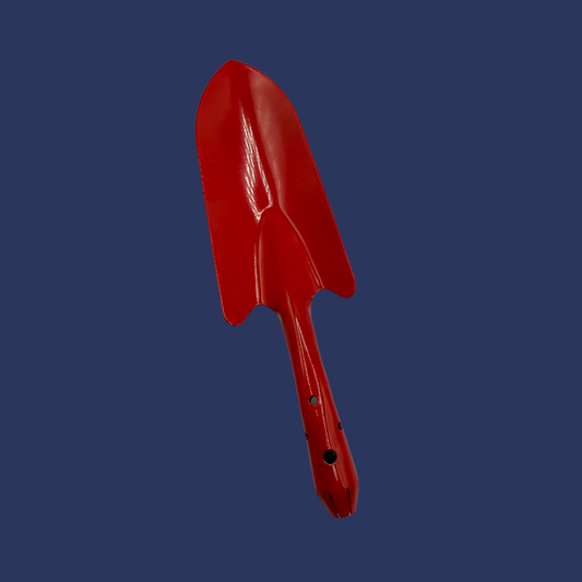 A red hand shovel with a smooth blade and a handle, against a blue background.