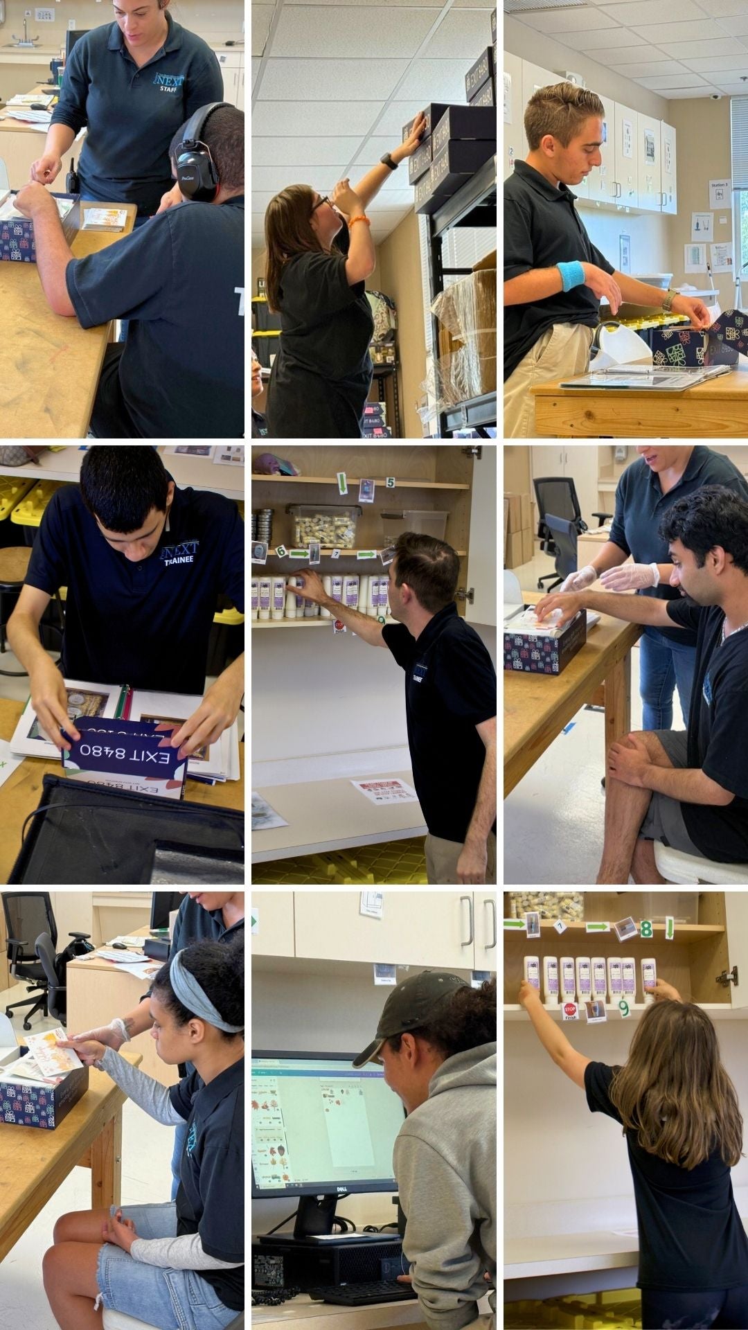 Collage of people working in a store setting with various activities.
