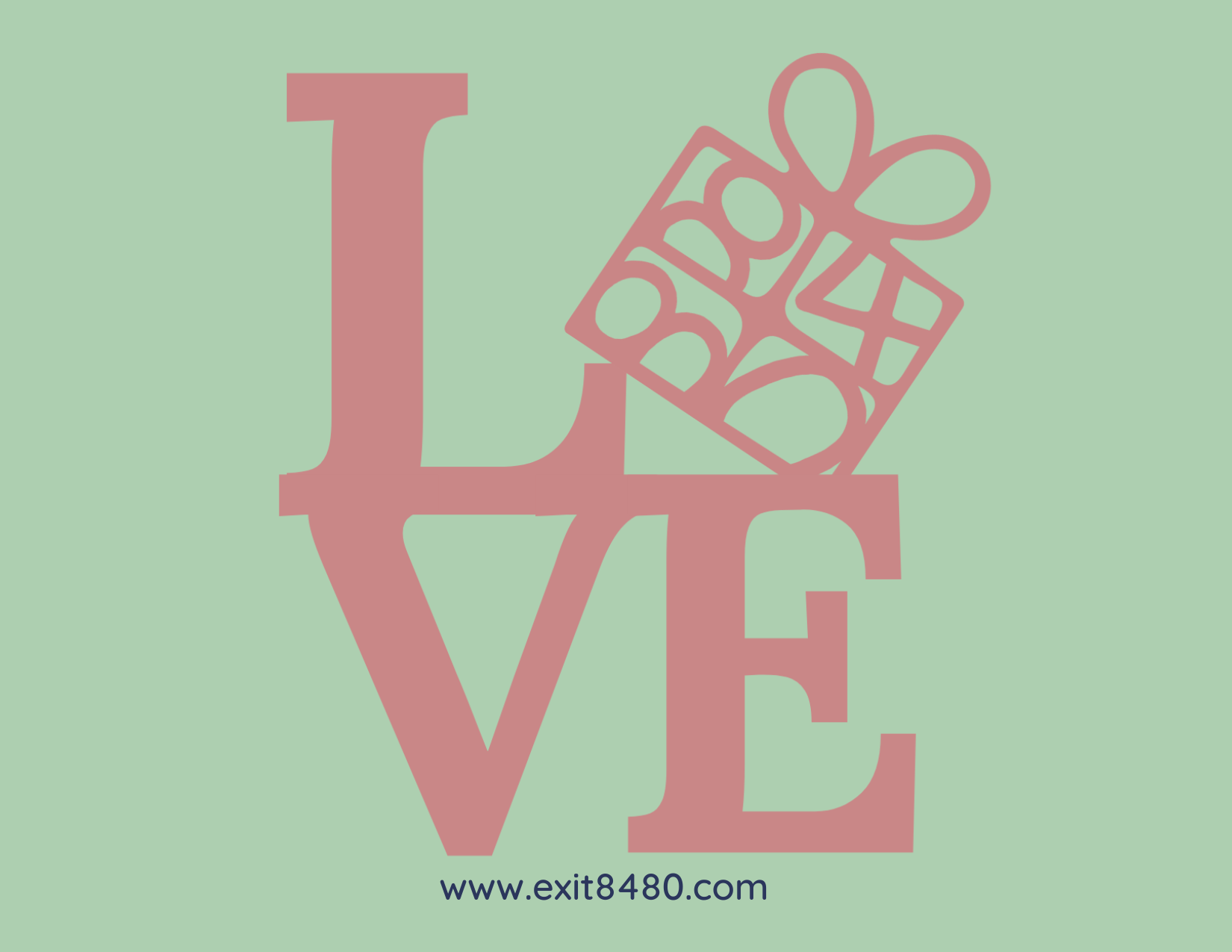A greeting card with the word 'LOVE' in large letters, followed by a heart symbol, on a green background. The card has a watermark 'Exit 8480.