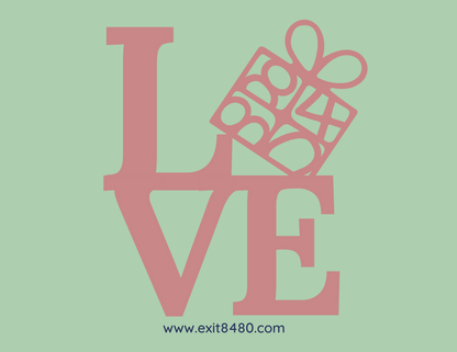 A greeting card with the word 'LOVE' in large letters, followed by a heart symbol, on a green background. The card has a watermark 'Exit 8480.