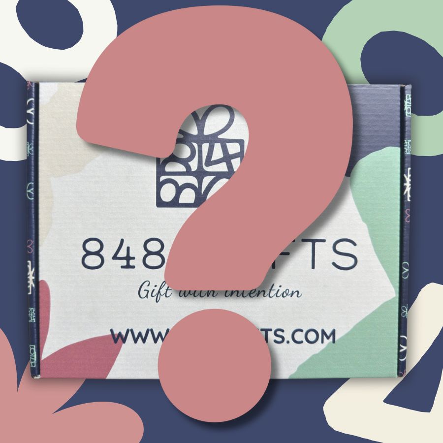 Gift box with a question mark overlay on a colorful abstract background