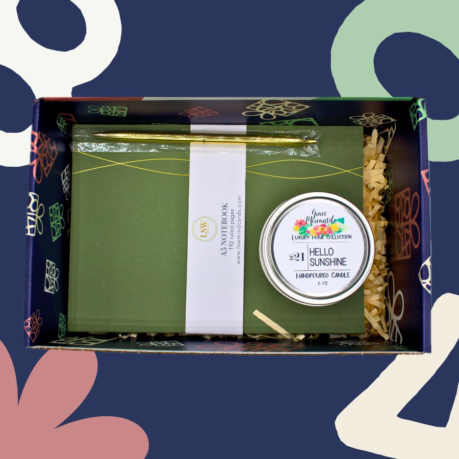 Reflections Spa Gift Set featuring Journal LSW London, Gold Ballpoint Pen LSW London, Grace Mercantile Hello Sunshine Candle.