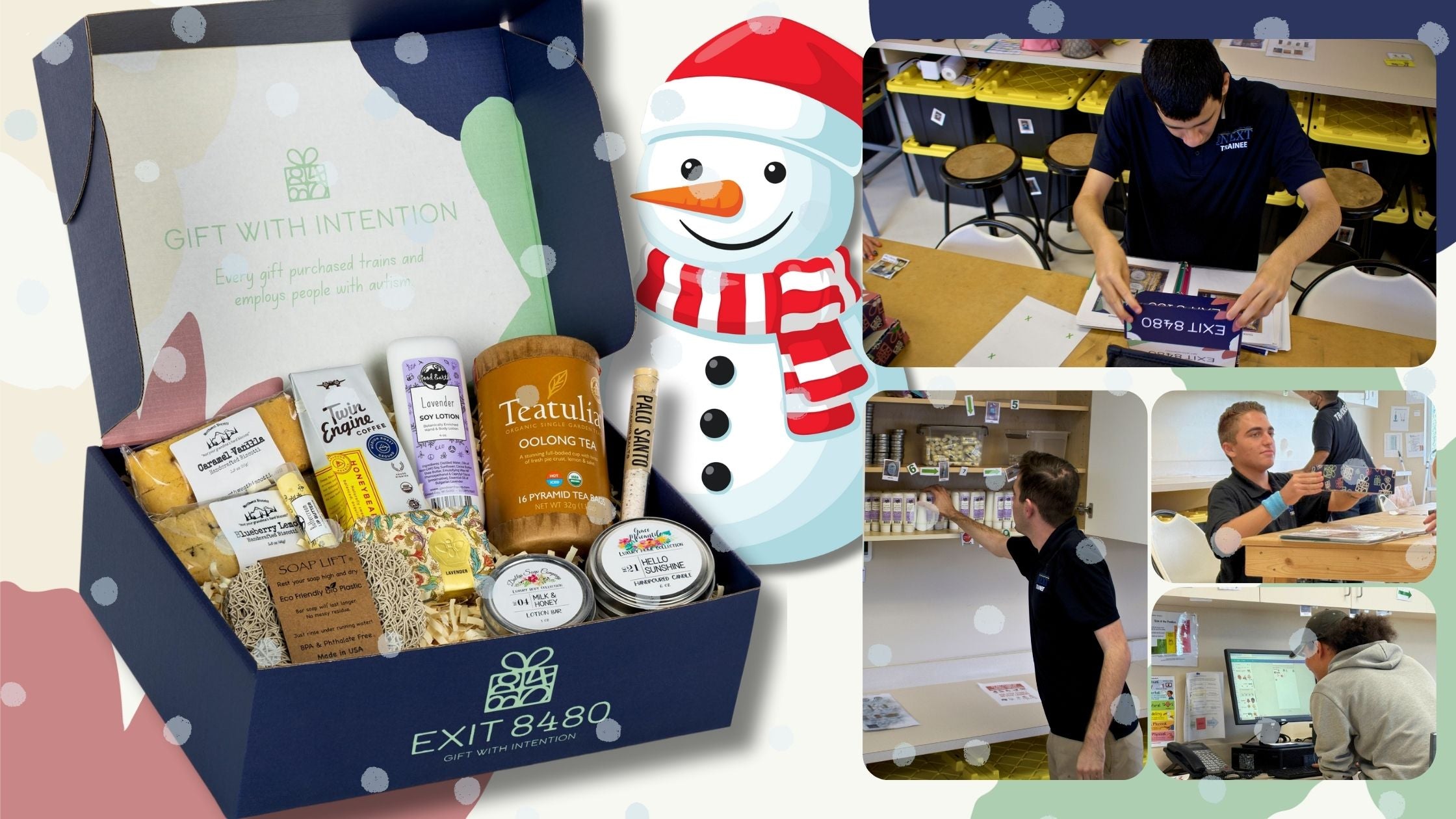 Collage of a gift box with snacks, a snowman figure, and young adults with autism working in an office setting.