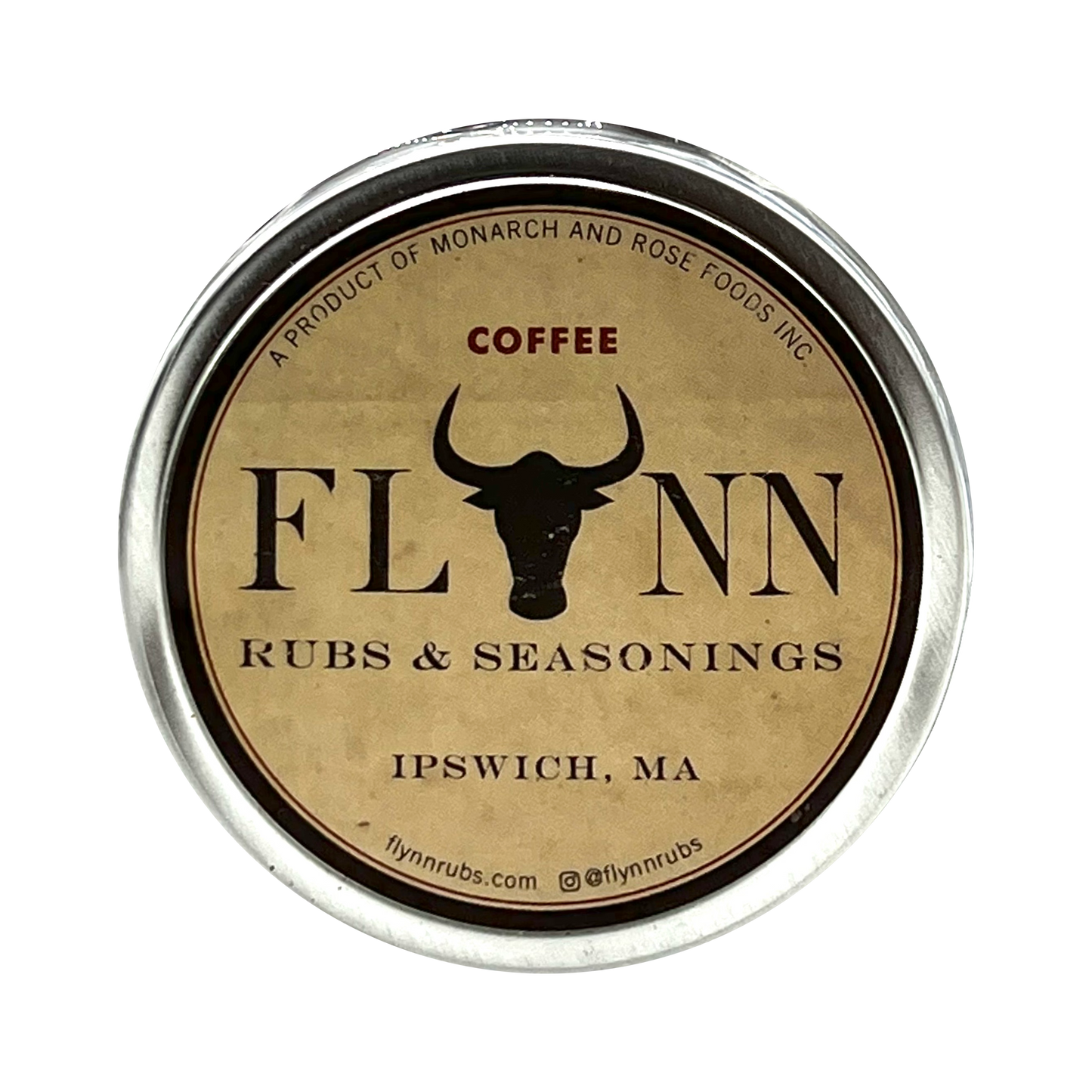 coffee rubs and seasonings in a tin circular shape can shown from the top down