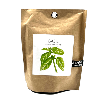gardening basil in a prepackaged brown bag
