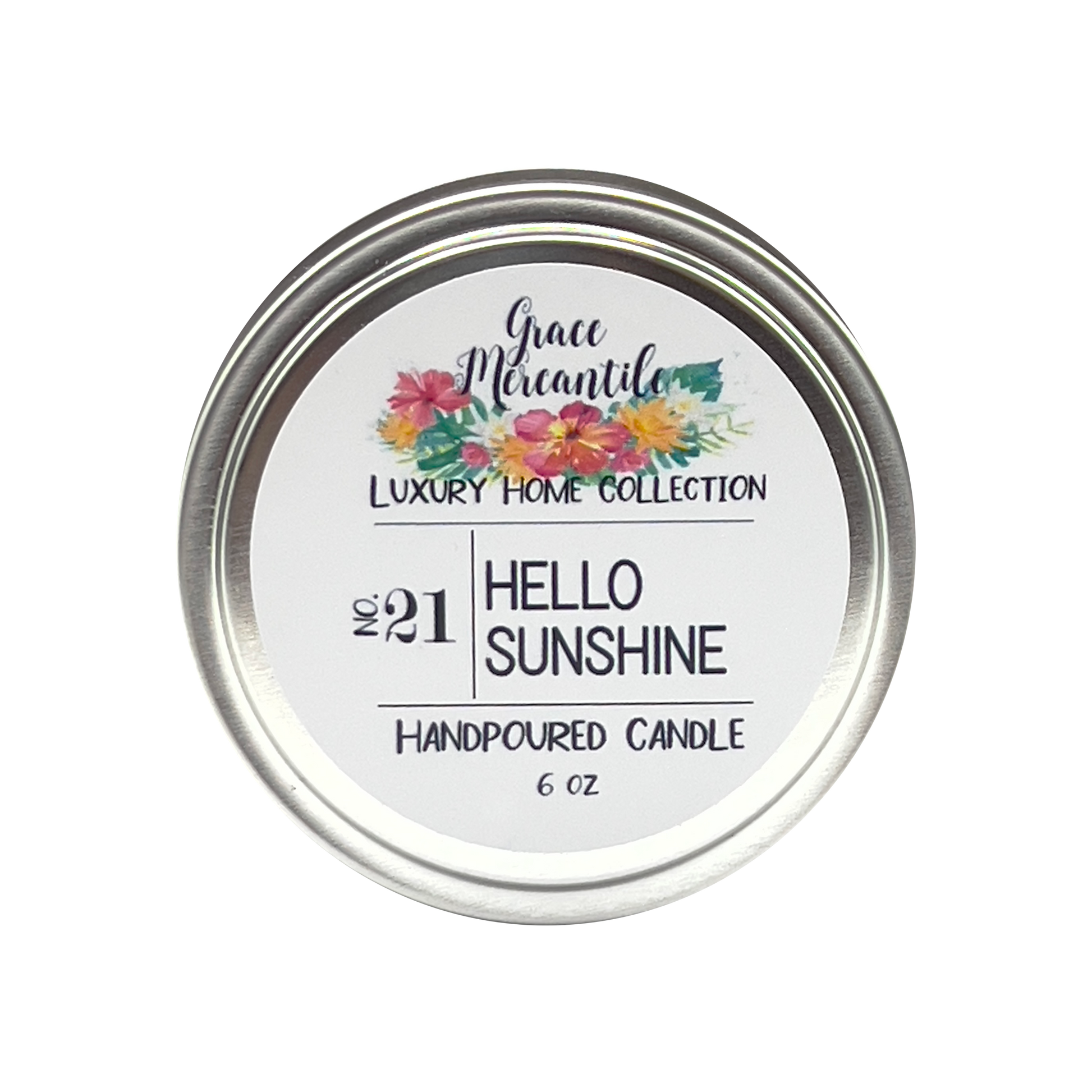 handpoured candle, hello sunshine scent labeled on the circular can; shown from top face