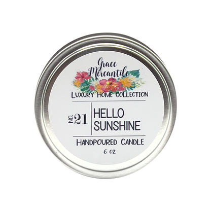 handpoured candle, hello sunshine scent labeled on the circular can; shown from top face