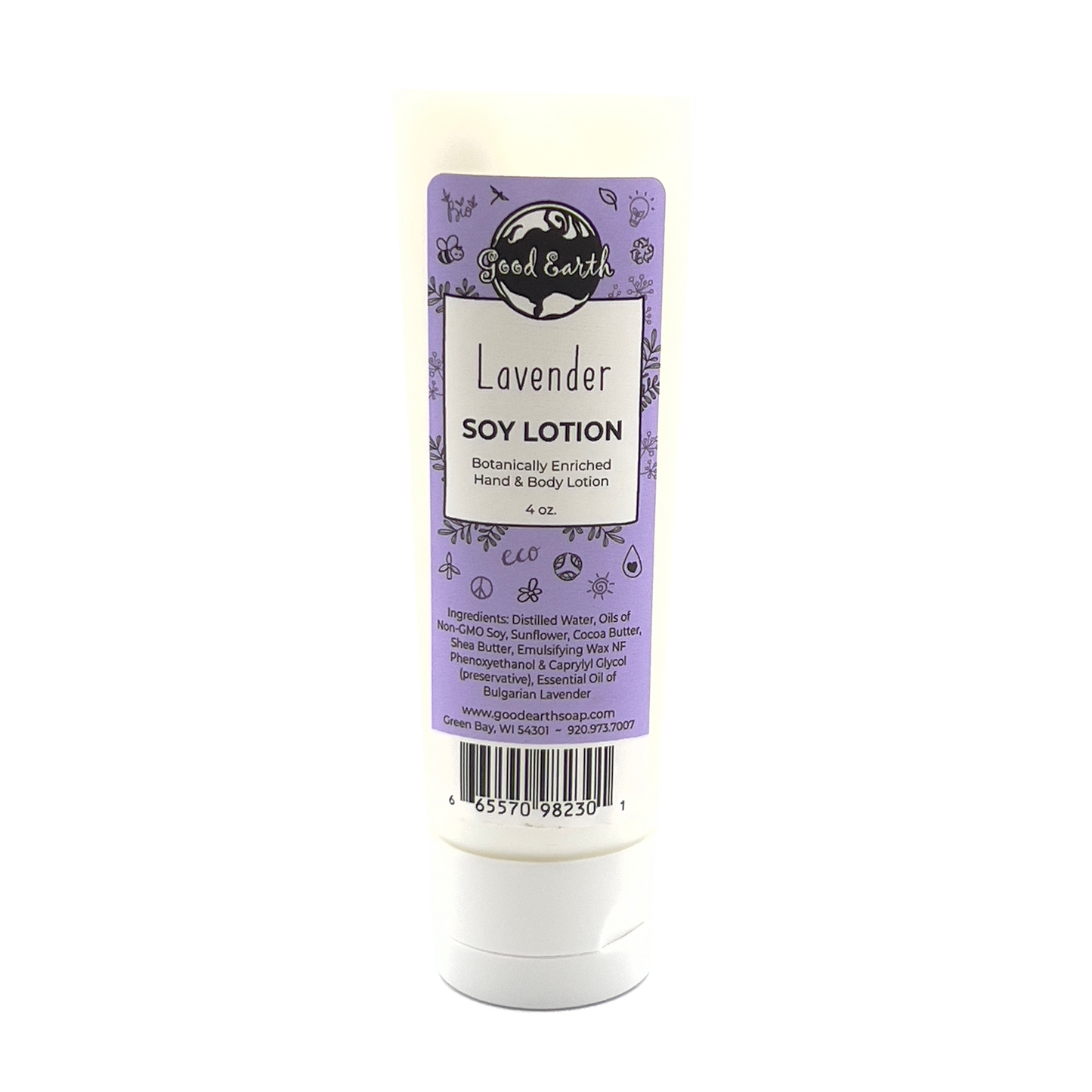 soy lotion, lavender scent with purple and white packaging