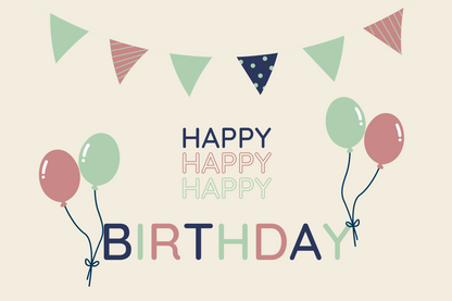 A digital image of a birthday card with a 'Happy Birthday' message, decorated with balloons and a party hat.