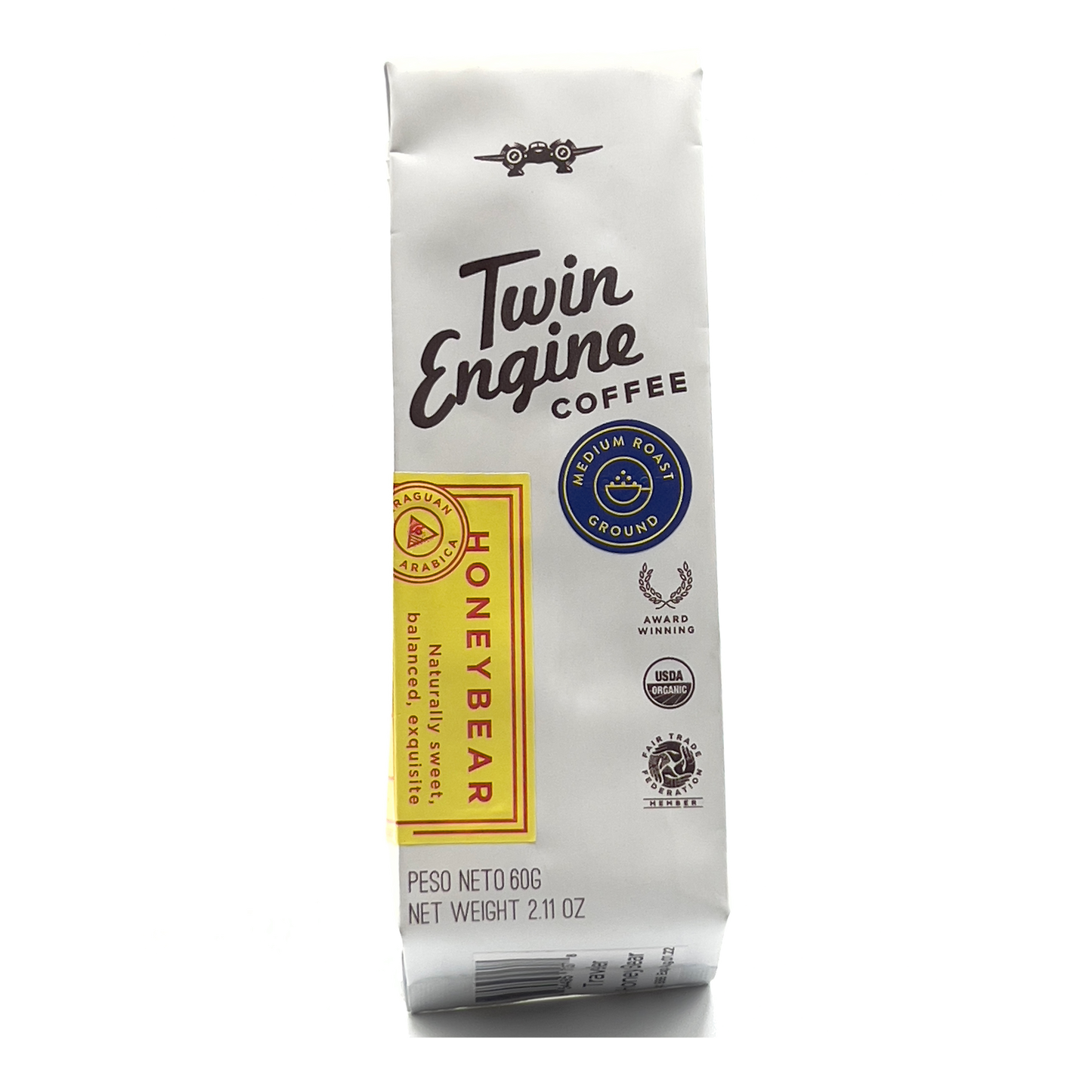 prepackaged twin engine coffee grounds; honey-bear flavor; shown front facing