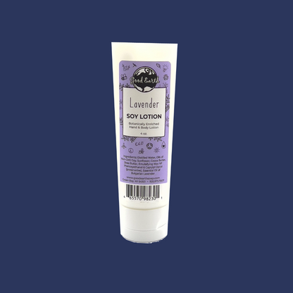 A tube of Good Earth hand and body lotion with lavender scent, with a purple label and organic certification logo.