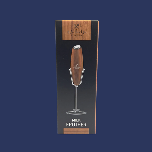 Zulay Kitchen Milk Frother packaging box with product image and branding visible.